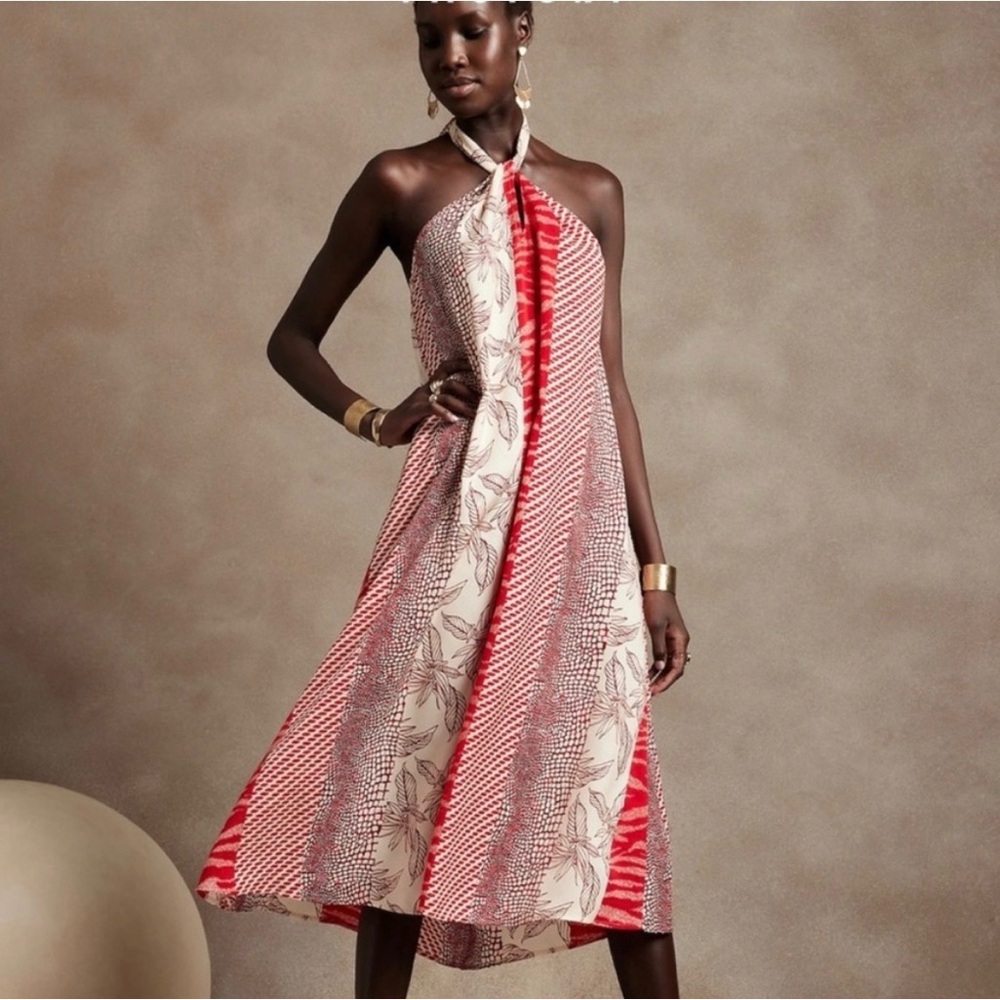 Banana Republic Factory Twist Neck Midi Dress, size small in Red Sunset